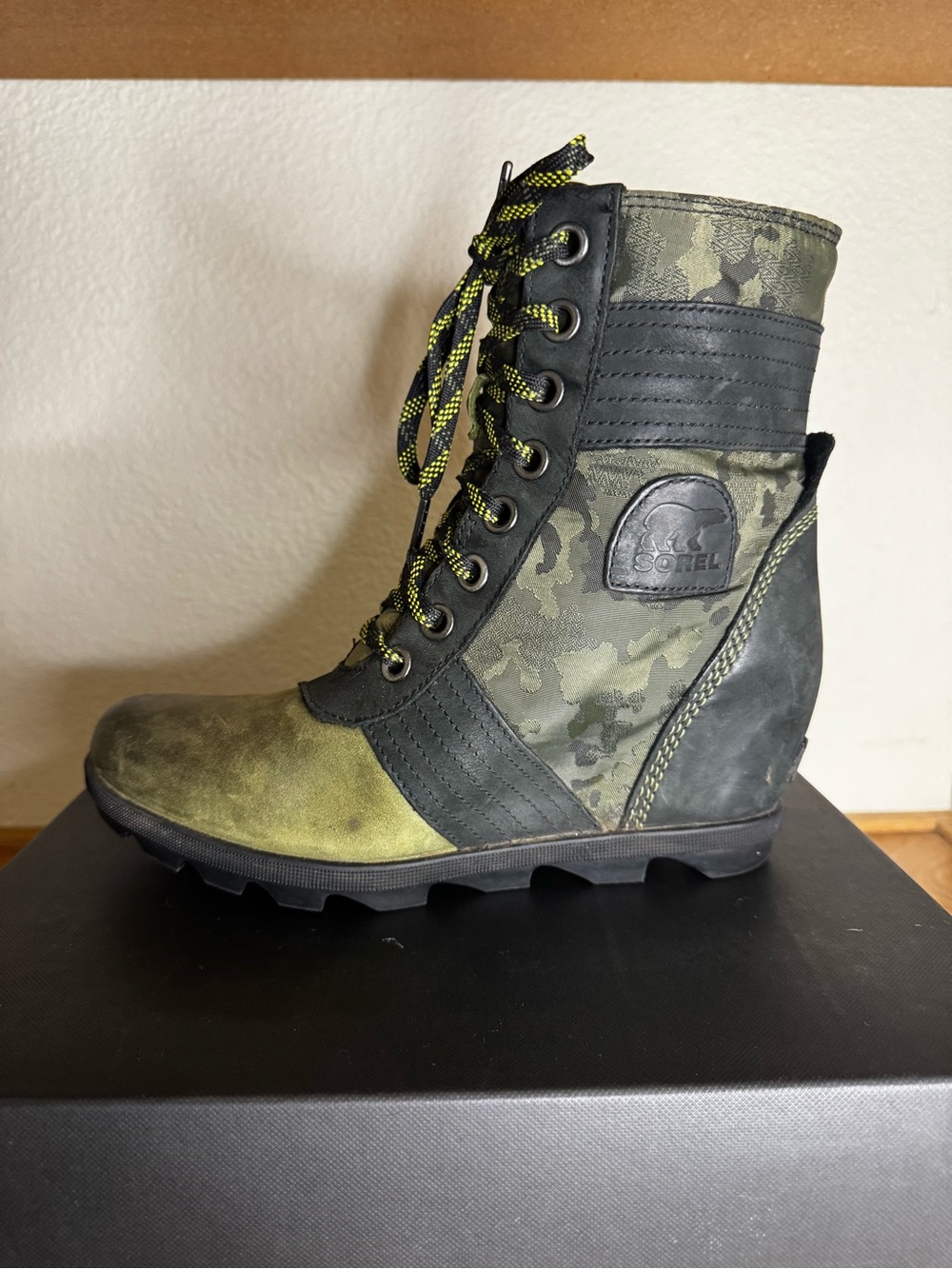 Sorel Joan of Arc Camouflage Wedge Lace-Up Boot in Green and Black camouflage